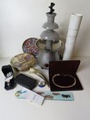 A quantity of assorted items inc chocolate fountain, an enamelled pill pot,