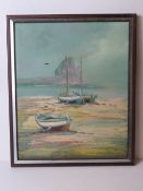 Oil on canvas; Beached fishing boats with sea beyond, tear noted to canvas, framed,