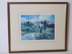 Signed limited edition print Massimo Pantani Italian hillside villa numbered 273/600 and signed in