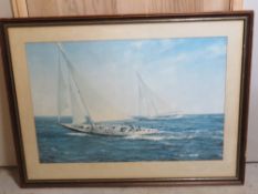 Print; from a painting by Montague Dawson being ships on a choppy sea, in stained pine frame,