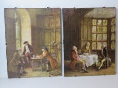 A pair of prints on board of Georgian gentlemen, each measuring 45 x 35cm.