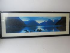 Photographic Print; Peter Adams Milford Sound, framed and glazed, 94.5 x 33cm.