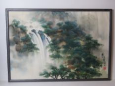 A Japanese watercolour being a waterfall in the forest mountainside,