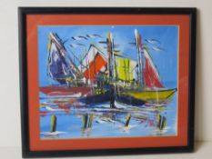 An acrylic painting of abstract form featuring multicoloured boats, framed and glazed,