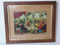 An ecclesiastical coloured and lacquered steel engraving in good oak frame, glazed, overall size 50.