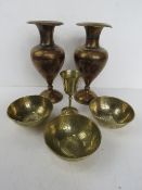 Three brass bowls together with a bud vase and a pair of brass vases (one /a/f).