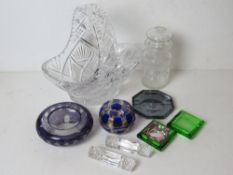 A quantity of assorted glassware including blue and white gilded dressing table pot.