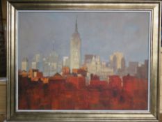 Canvas print 'Manhattan Evening' by John Haskins in contemporary frame, sight size 73 x 98cm.