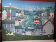 Hand embellished giclee canvas print of a Peter Adderley seaside harbour scene. Details verso.