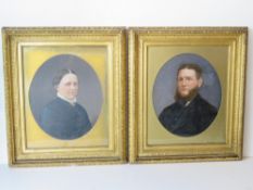 A fine pair of Victorian portraits being lady in mourning dress and bearded gentleman in suit,