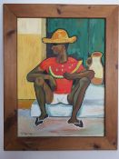 Oil on board, a naive painting of a man eating watermelon sitting on a step,
