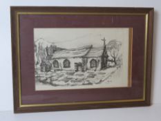 A signed print of a pen sketch by E Finn featuring church with woodland beyond,