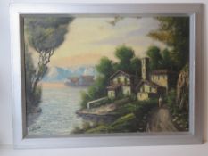 Oil on board; Continental lakeside buildings with mountains beyond, signed lower left S.