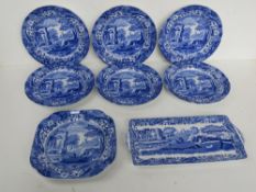 A Copeland Spode Italian pattern blue and white high tea set comprising six plates,
