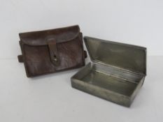 A James Dixon and Sons silver plated sandwich box in original leather case with straps.
