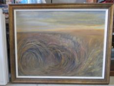 A large contemporary oil on canvas of a wheat field at sunset, sight size 121 x 90acm.