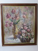 Oil on canvas; still life of pink floral arrangement in jug and bowl,