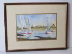 Watercolour; Egyptian fisherman on the Nile with temples beyond signed K.