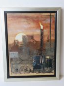 Pollyanna Pickering (1942 - 2018) mixed media industrial scene, framed, overall size 36 x 46cm.