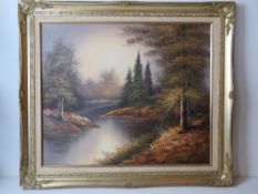 A contemporary oil on canvas of a river in forest at Autumn,