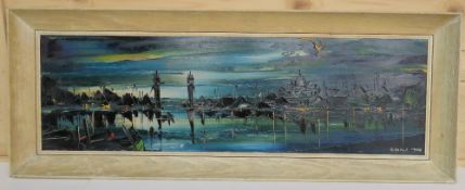 A mid century acrylic on board impressionist painting of a city at night time,