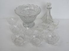 A quantity of assorted cut glassware including decanter and Stuart Crystal sundae bowls
