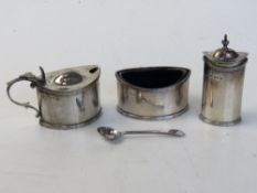A hallmarked silver cruet set, HM for Chester, comprising pepperette,