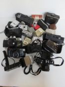 A quantity of assorted cameras and accessories inc Konica TC-X, Chinon, Flashmatic, etc.