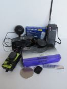 A quantity of assorted items inc Discman, radio, wireless charging base, digital voice recorder,