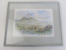 Watercolour print Le Mont St Michel sight size 33.5 x 24.4cm, framed and glazed, overall 46 x 38.