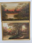 A pair of oil on canvas forest scenes, each signed indistinctly lower right.