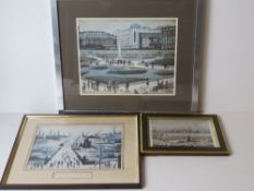 Three Lowry prints including Canal Bridge in various frames, smallest 21.5 x 16.5cm overall.