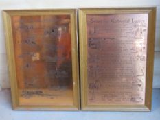 Two oak framed copper engravings being 'Song for Costwold Ladies' and 'Songs for the Windrush',