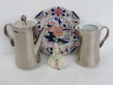 A Royal Worcester 'silver' coffee pot with matching hot water jug (lid deficient) together with an