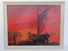A contemporary 3D effect acrylic on board of a fishing boat at sunset, framed, overall size 71.