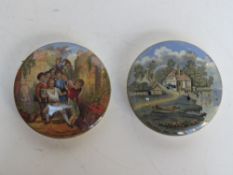 Two pot lids in the style of Pratt being the wolf and the lamb and Pegwell Bay, each approx 10.