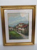 Oil on canvas of an Italian mountainside village having indistinct signature lower right,