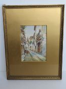 Watercolour of a Mediterranean street with whitewashed houses to each side and man with donkey