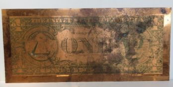 A large solid copper US 'One Dollar Bill' measuring approx 90 x 40cm.