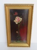 Oil on canvas of roses in bud vase, signed indistinctly lower right and dated 1900,