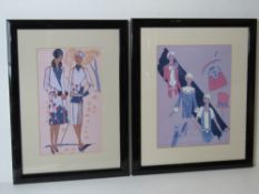 A matched pair of Art Deco style fashion prints in black gloss frames measuring 34 x 40.5cm and 29.