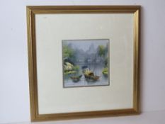 Acrylic Oriental fishing boat scene with mountains beyond, sight size 17.5 x 17.