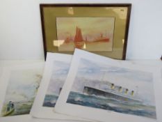 A maritime print, framed and glazed, together with three prints of the Titanic.