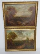 A pair of oil on canvas painting of countryside scenes with mountains beyond,