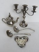 A silver plated three sconce candelabra together with 2 large silver plated ladles,