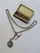 A HM silver guard / Albert watch chain having clasp, fob and T-bar upon, hallmarked throughout, 56.