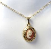 A 9ct gold pendant having cameo upon, stamped 375, on fine 9ct gold chain, stamped 9k.