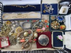 A quantity of assorted costume jewellery inc faux pearls, clip-on earrings, brooches, etc.