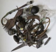 A quantity of assorted militaria inc; cannon ball, knives, end cap for a spear, dagger blade, brush,