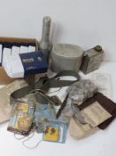 A large quantity of Wilkinson sword polish cloths in packages (approx 80), canteen, musket balls,